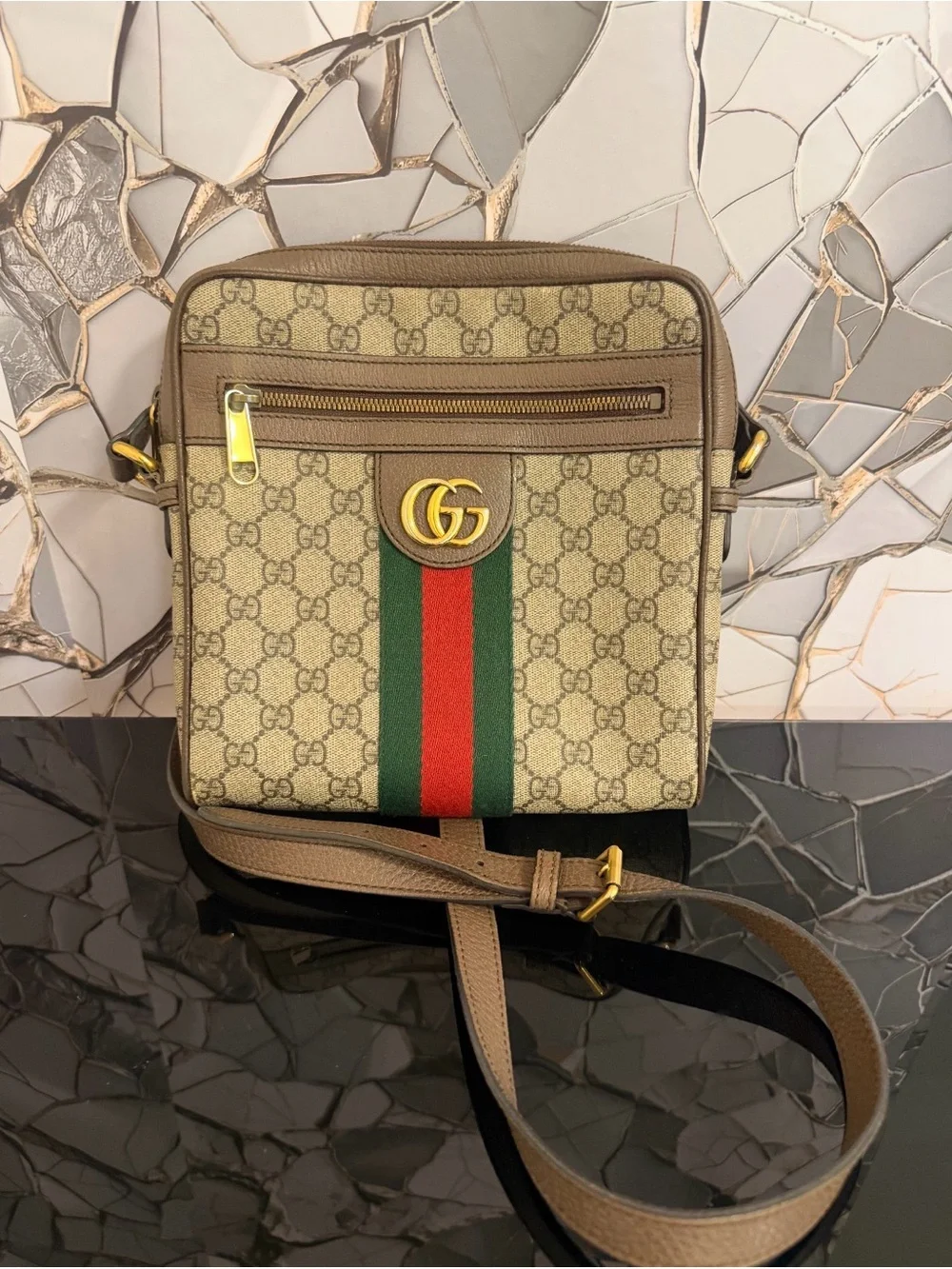 Gucci Beige Brown Monogram Messenger Bag with Green-Red Stripe